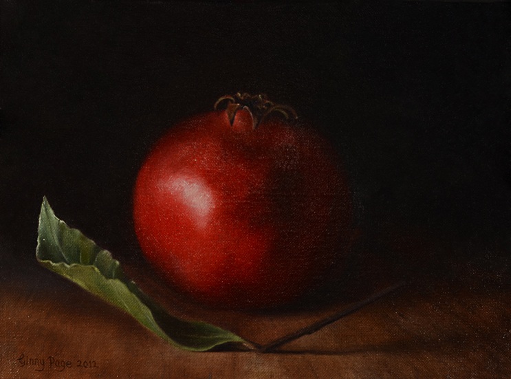 Pomegranate with Leaf, 2012 – Still life oil painting on canvas, 17 x 23 cm – Ginny Page